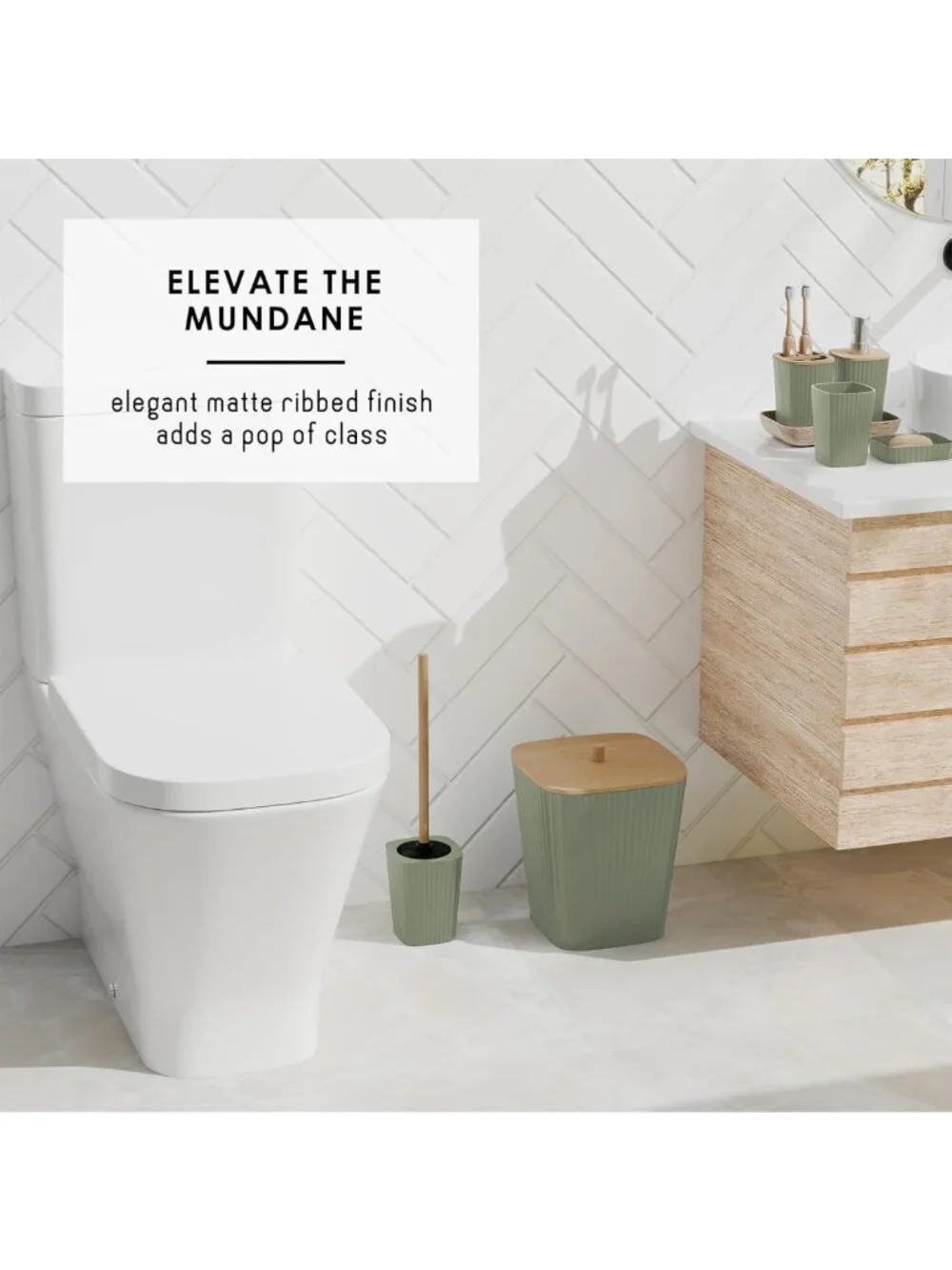 Sage Green 6PC Bathroom Accessories Set - Toilet Brush, Trash Can & Soap